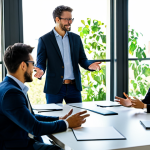 A diverse group of five business professionals, fully clothed in appropriate business casual attire, engaged in a collaborative brainstorming session around a large, modern table in a sunlit, contemporary office. They are actively discussing ideas, gesturing naturally, and looking at a shared digital presentation on a transparent screen, symbolizing innovation and shared value creation within a business ecosystem. The background features blurred green plants and abundant natural light, suggesting an environmentally conscious and inviting atmosphere. perfect anatomy, correct proportions, natural pose, well-formed hands, proper finger count, natural body proportions, professional photography, high quality, safe for work, appropriate content, fully clothed, professional.