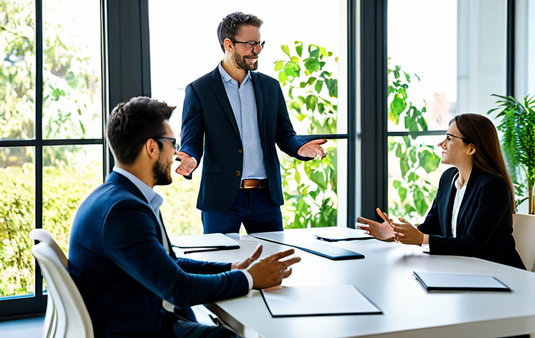 A diverse group of five business professionals, fully clothed in appropriate business casual attire, engaged in a collaborative brainstorming session around a large, modern table in a sunlit, contemporary office. They are actively discussing ideas, gesturing naturally, and looking at a shared digital presentation on a transparent screen, symbolizing innovation and shared value creation within a business ecosystem. The background features blurred green plants and abundant natural light, suggesting an environmentally conscious and inviting atmosphere. perfect anatomy, correct proportions, natural pose, well-formed hands, proper finger count, natural body proportions, professional photography, high quality, safe for work, appropriate content, fully clothed, professional.