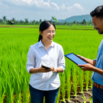 A diverse group of professional adults, including a male agricultural engineer and a female tech specialist, engaged in a collaborative discussion on a modern, sustainable smart farm. They are fully clothed in appropriate, modest professional field attire, observing a tablet displaying crop data while standing amidst lush, healthy rice paddies. Advanced IoT sensors are visible in the background, subtly integrated into the green landscape under a bright, natural daylight sky. The scene conveys a sense of innovation and teamwork, reflecting sustainable development. safe for work, appropriate content, fully clothed, professional dress, perfect anatomy, correct proportions, natural pose, well-formed hands, proper finger count, natural body proportions, high-quality photography, vibrant colors, clear focus.