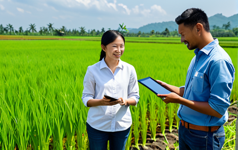 A diverse group of professional adults, including a male agricultural engineer and a female tech specialist, engaged in a collaborative discussion on a modern, sustainable smart farm. They are fully clothed in appropriate, modest professional field attire, observing a tablet displaying crop data while standing amidst lush, healthy rice paddies. Advanced IoT sensors are visible in the background, subtly integrated into the green landscape under a bright, natural daylight sky. The scene conveys a sense of innovation and teamwork, reflecting sustainable development. safe for work, appropriate content, fully clothed, professional dress, perfect anatomy, correct proportions, natural pose, well-formed hands, proper finger count, natural body proportions, high-quality photography, vibrant colors, clear focus.