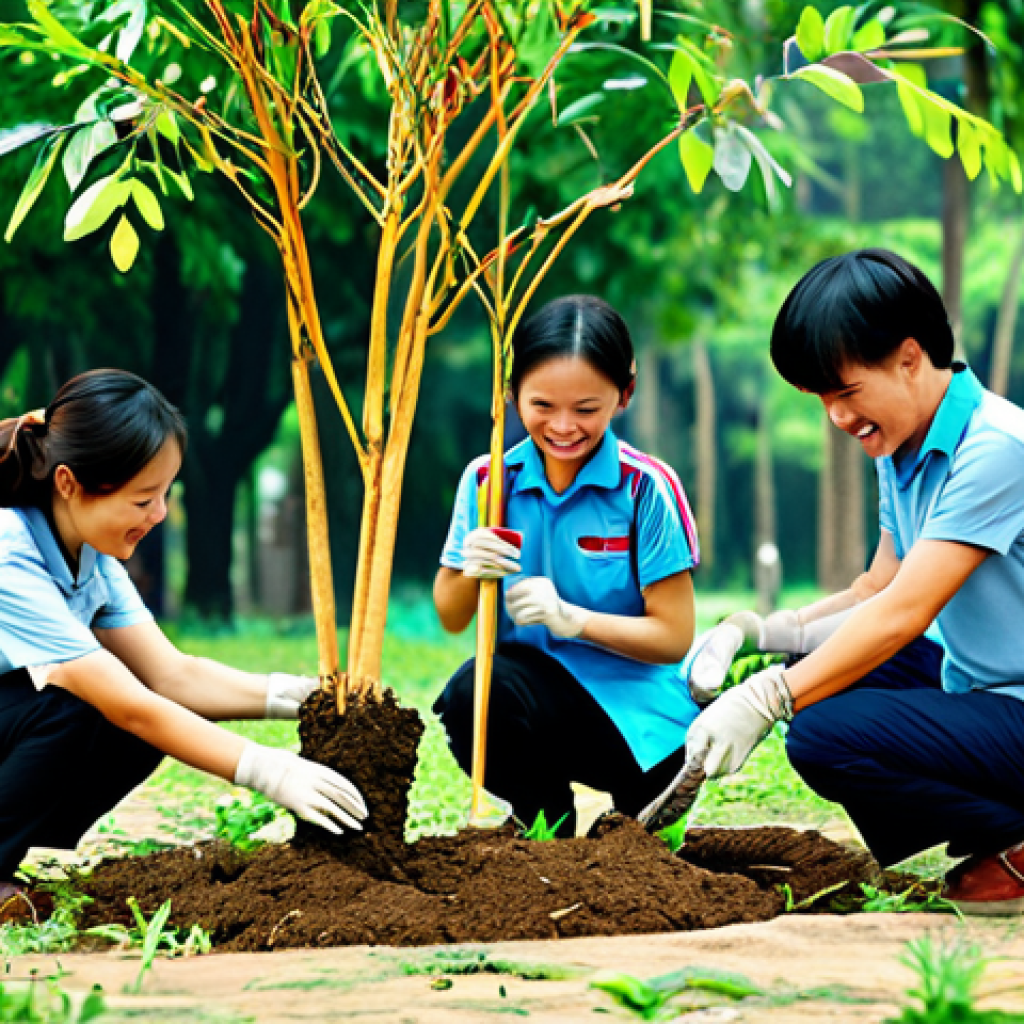 생태계 중심 사고와 지역 사회의 역할 - Community Engagement**

"A diverse group of fully clothed Vietnamese volunteers planting trees in a ...