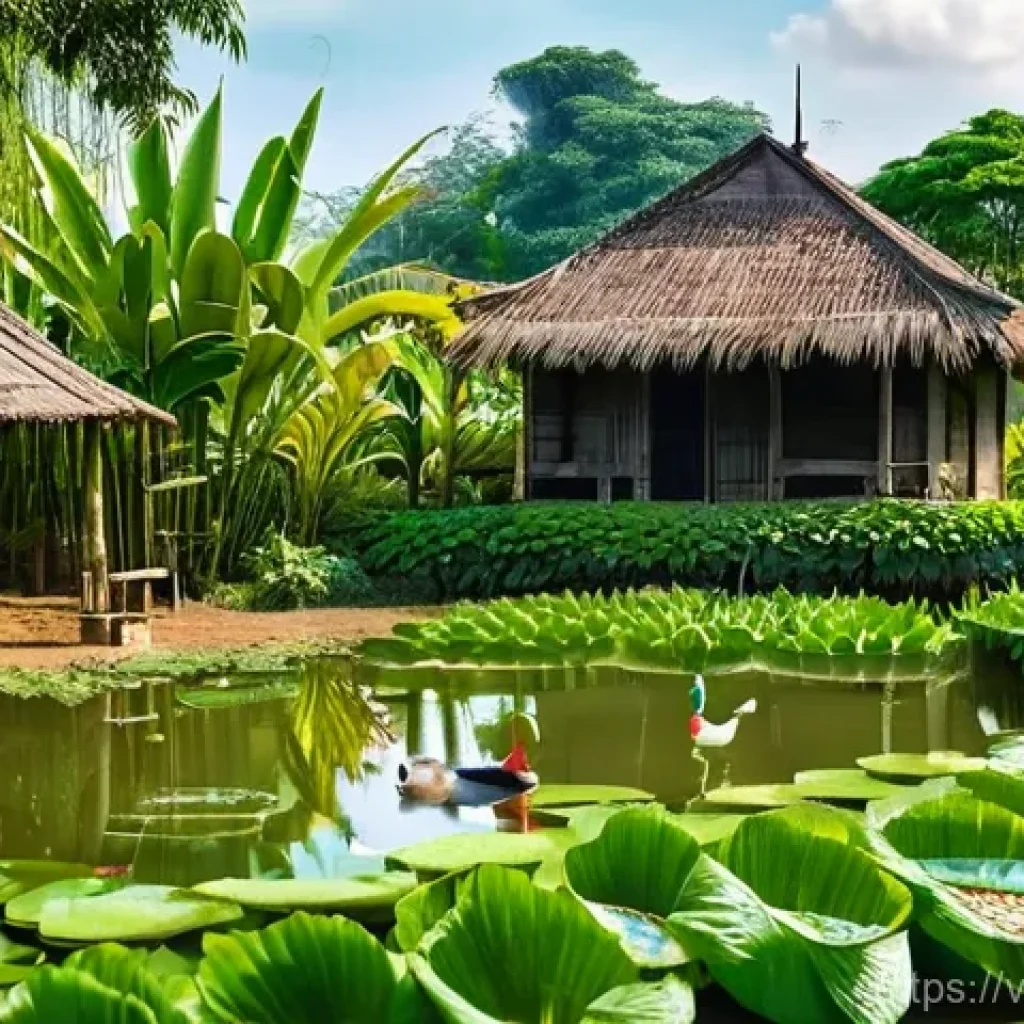 생태계 중심 사고의 실천적 사례 연구 - **Prompt: "A serene, vibrant scene of a traditional Vietnamese 'Vườn-Ao-Chuồng' (Garden-Pond-Cage) f...