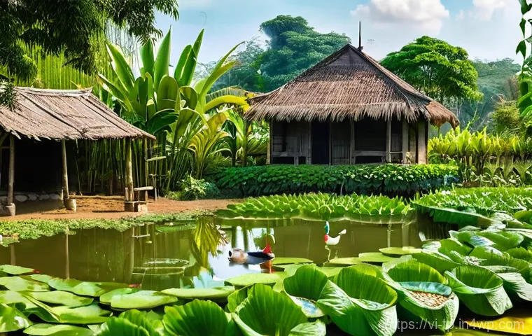 생태계 중심 사고의 실천적 사례 연구 - **Prompt: "A serene, vibrant scene of a traditional Vietnamese 'Vườn-Ao-Chuồng' (Garden-Pond-Cage) f...