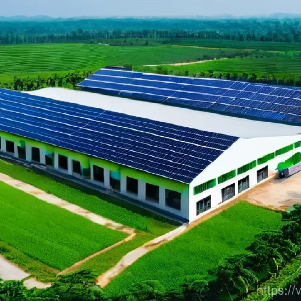 생태계 중심 사고의 사회적 영향력 - **Green Tech Manufacturing in Vietnam:** A panoramic shot of a modern, eco-friendly factory located ...