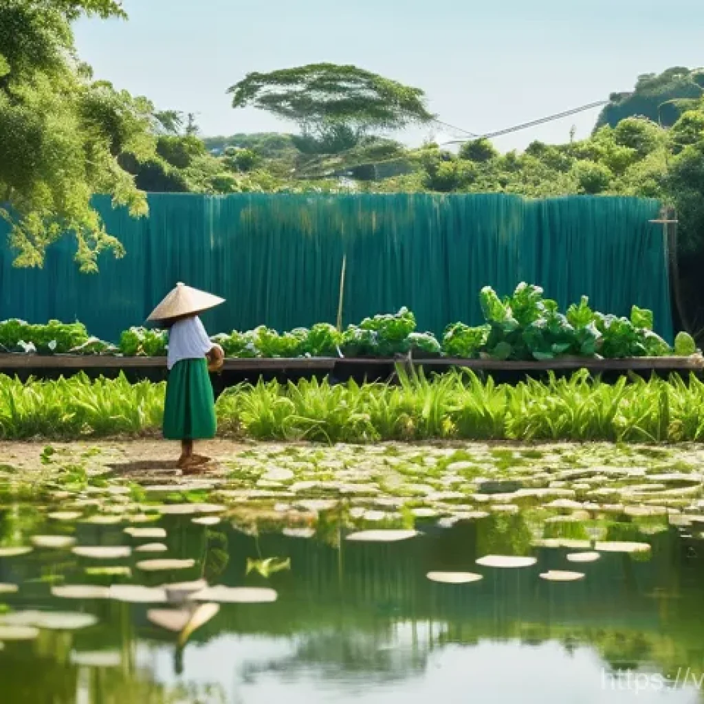 생태계 중심 사고와 농업의 지속 가능성 - **Prompt:** "A vibrant Vietnamese integrated farm (Vườn - Ao - Chuồng model) bathed in the warm morn...