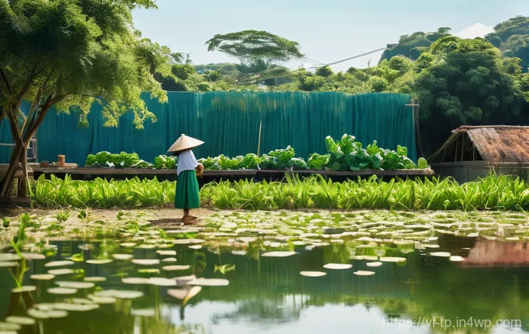 생태계 중심 사고와 농업의 지속 가능성 - **Prompt:** "A vibrant Vietnamese integrated farm (Vườn - Ao - Chuồng model) bathed in the warm morn...
