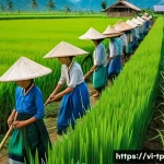 생태계 중심 사고와 지속 가능한 발전 - A vibrant Vietnamese rural farm scene illustrating sustainable agriculture practices: lush green ric...