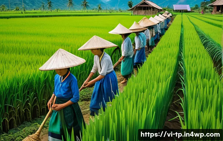 생태계 중심 사고와 지속 가능한 발전 - A vibrant Vietnamese rural farm scene illustrating sustainable agriculture practices: lush green ric...