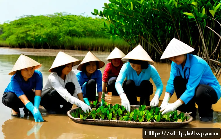 Home 17 생태계 중심 사고와 환경 보호 운동 - Photorealistic environmental volunteer group restoring a mangrove shoreline in southern Vietnam, div...