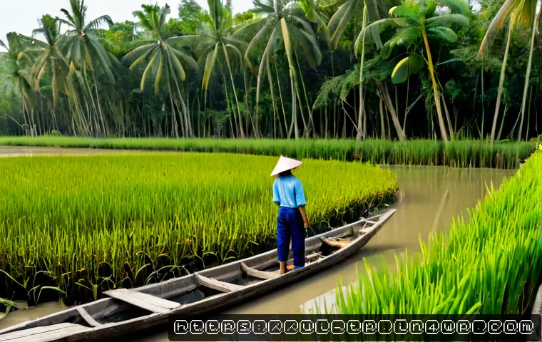 Home 17 생태계 중심 사고 전환을 위한 도전과제 - Photorealistic wide-angle scene in the Mekong Delta, Vietnam, a diverse group of Vietnamese farmers,...